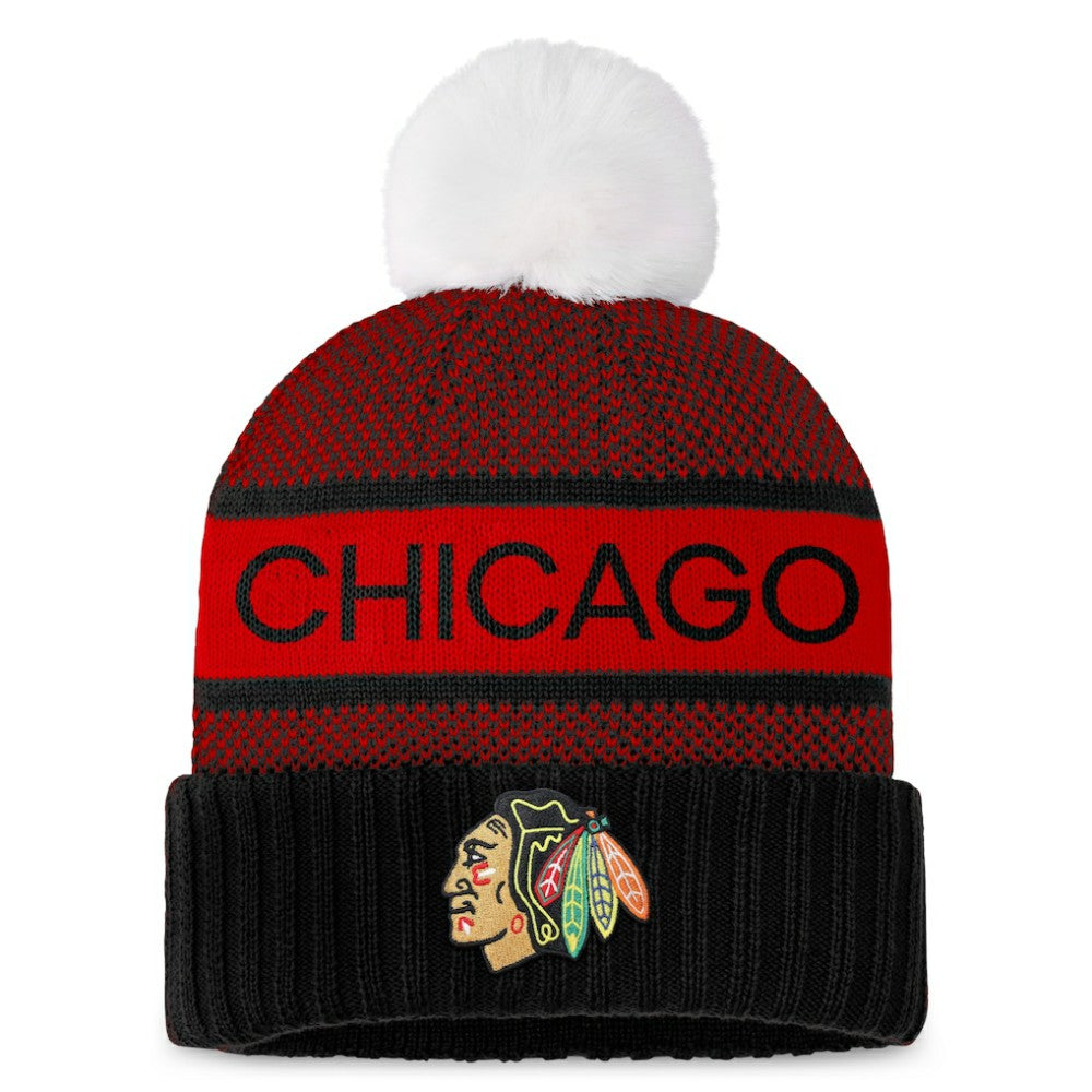 Chicago Blackhawks Fanatics Women's Authentic Pro Rink Cuffed Knit Hat with Pom - Black/Red - NHL 200000792
