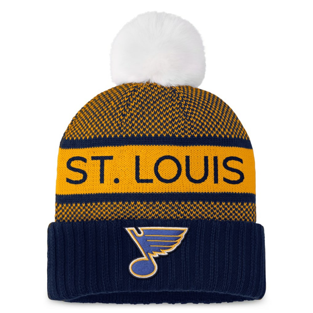 St. Louis Blues Fanatics Women's Authentic Pro Rink Cuffed Knit Hat with Pom - Navy/Gold - NHL 200000868
