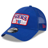 Philadelphia 76ers Plate Oversized Patch Trucker 9FORTY Adjustable Hat Royal | New Era discount