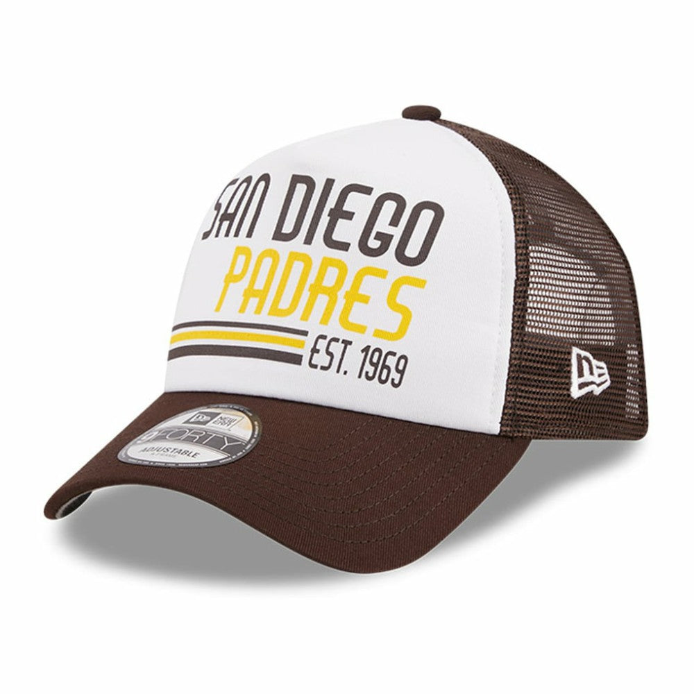 San Diego Padres New Era Stacked A-Frame Trucker 9FORTY Adjustable Hat - White/Brown - New Era Discount