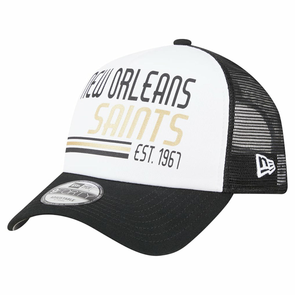 New Orleans Saints New Era Stacked A-Frame Trucker 9FORTY Adjustable Hat White/Black