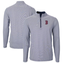 Boston Red Sox Cutter & Buck Virtue Eco Pique Micro Stripe Recycled Quarter-Zip Pullover Top - Navy/White - MLB Lifestyle