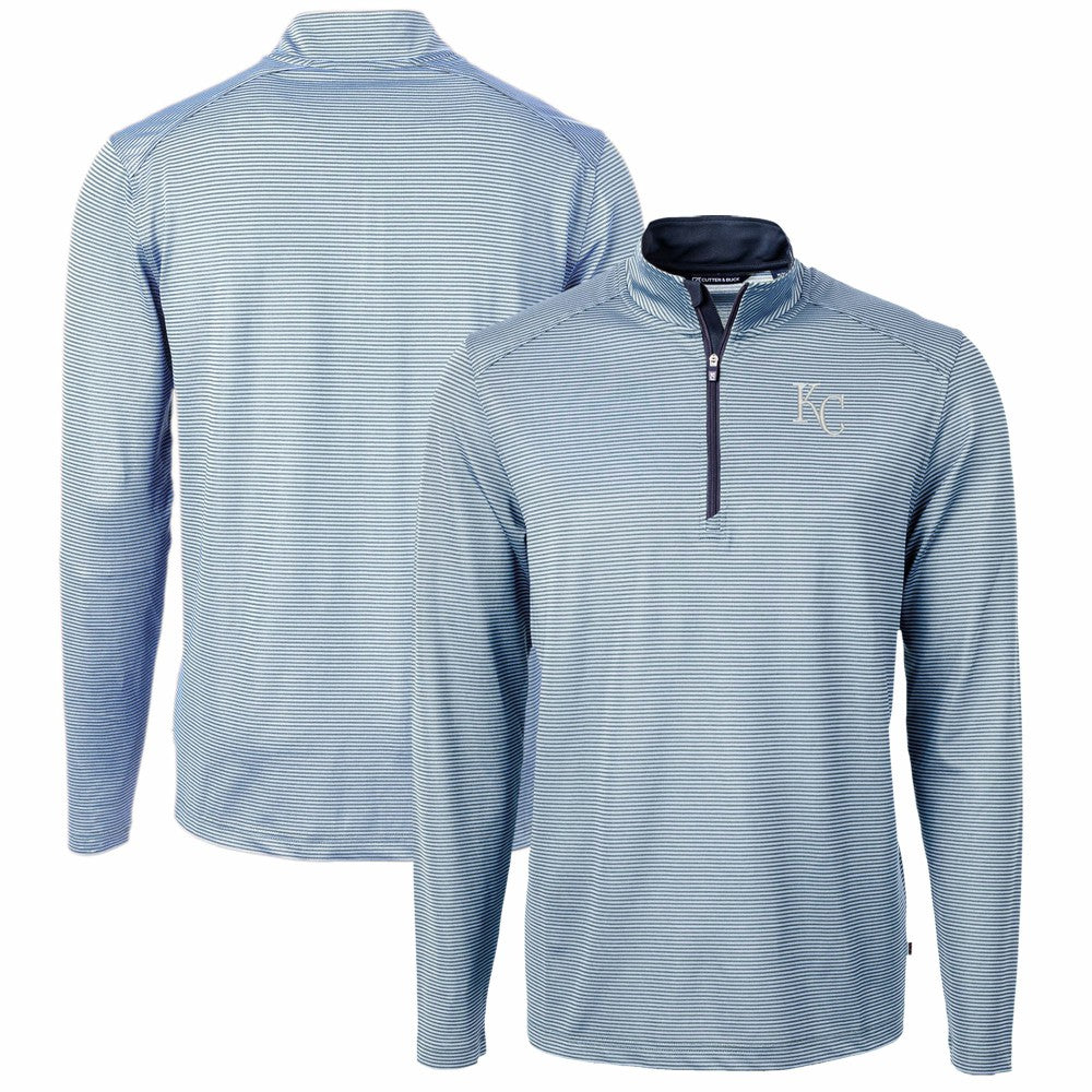 Kansas City Royals Cutter & Buck Virtue Eco Pique Micro Stripe Recycled Quarter-Zip Pullover Top - Light Blue/Navy - MLB on Sale