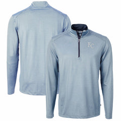 Kansas City Royals Cutter & Buck Virtue Eco Pique Micro Stripe Recycled Quarter-Zip Pullover Top - Light Blue/Navy - MLB on Sale