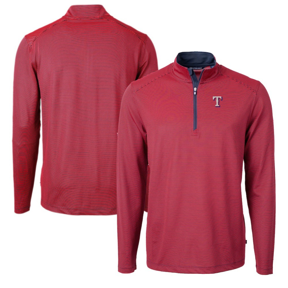 Texas Rangers Cutter & Buck Virtue Eco Pique Micro Stripe Recycled Quarter-Zip Pullover Top - Red/Navy - MLB Sale