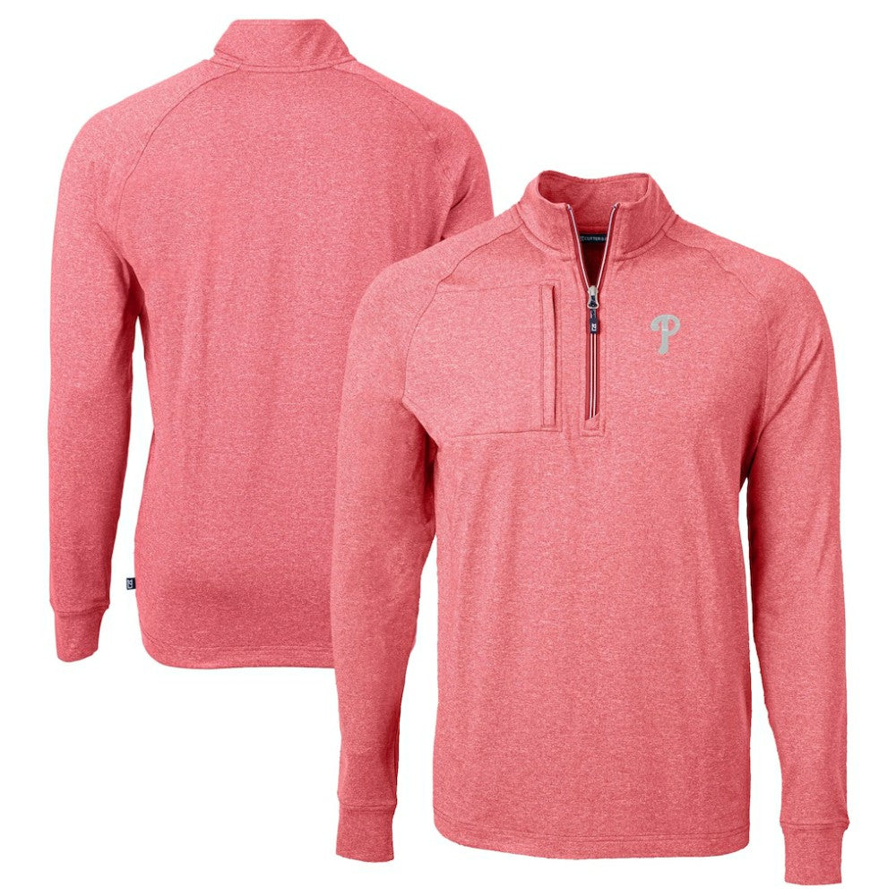 Philadelphia Phillies Cutter & Buck Adapt Eco Knit Stretch Recycled Quarter-Zip Pullover Top - Heather Red - MLB Discount
