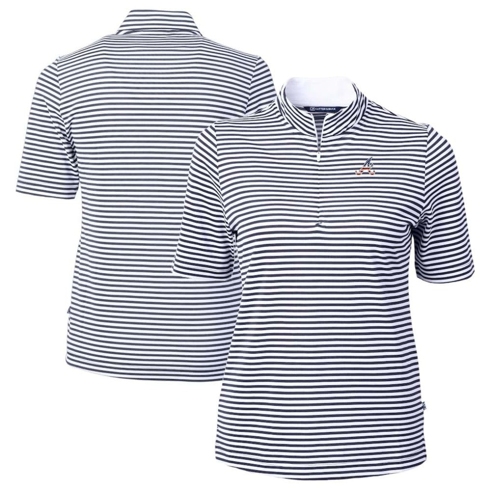 Atlanta Braves Cutter & Buck Women's Virtue Eco Pique Stripe Recycled Quarter-Zip Pullover Top - Navy - MLB on Sale