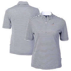 Atlanta Braves Cutter & Buck Women's Virtue Eco Pique Stripe Recycled Quarter-Zip Pullover Top - Navy - MLB on Sale