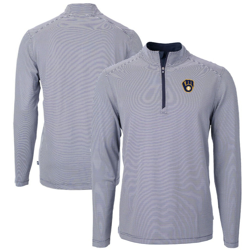 Milwaukee Brewers Cutter & Buck Virtue Eco Pique Micro Stripe Big & Tall Recycled Quarter-Zip Pullover Top - Navy/White - MLB Discount