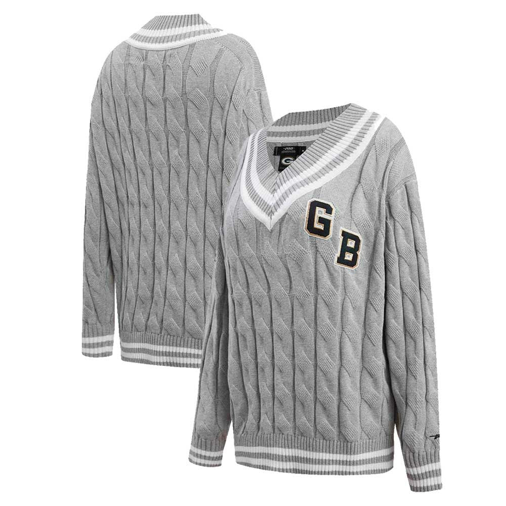 Green Bay Packers Pro Standard Women's Prep V-Neck Pullover Sweater Heather Gray