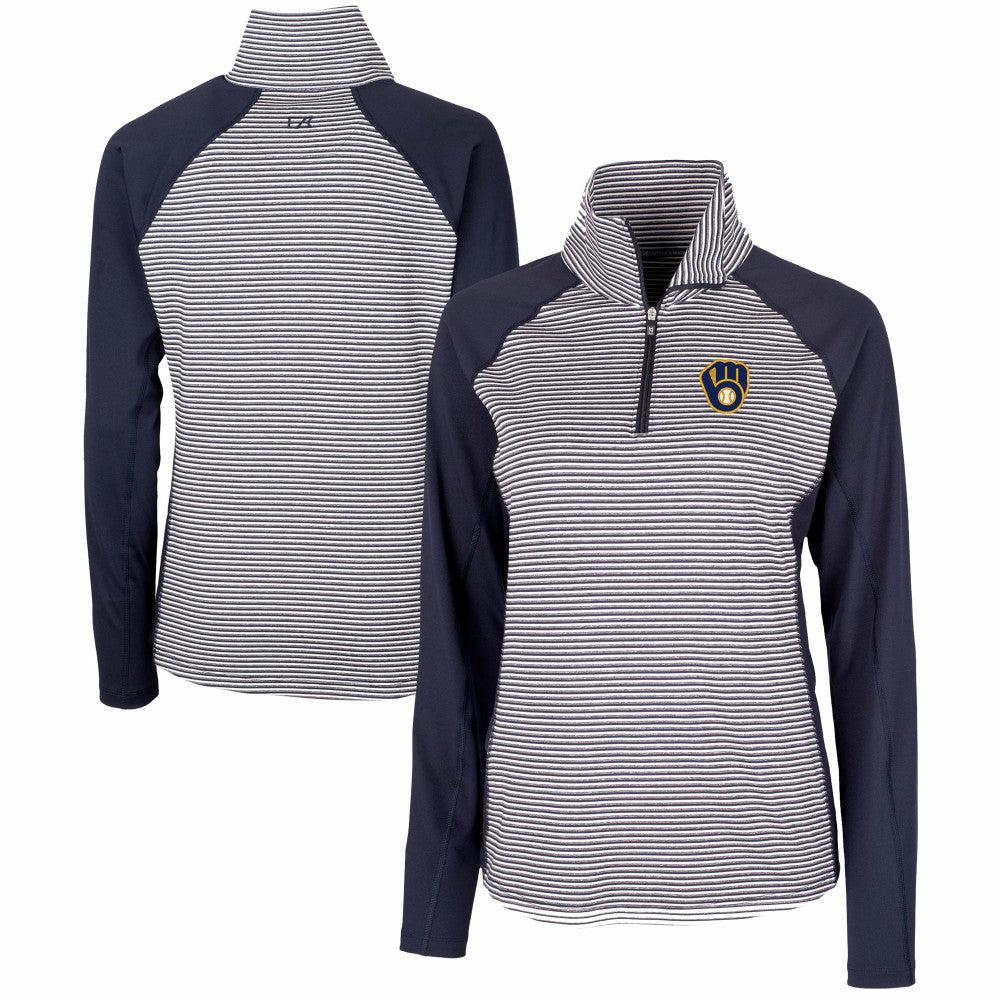 Milwaukee Brewers Cutter & Buck Women's DryTec Forge Tonal Stripe Half-Zip Top - Navy - MLB on Sale