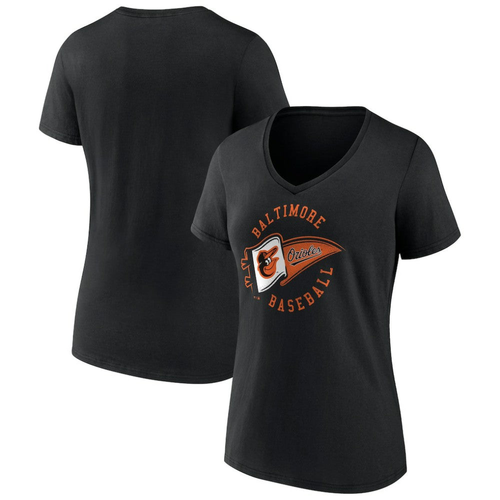 Baltimore Orioles Women's Hometown Baltimore Pennant V-Neck T-Shirt - Black - MLB on Sale