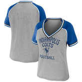 Indianapolis Colts WEAR by Erin Andrews Women's Cropped Raglan Throwback V-Neck T-Shirt Heather Gray