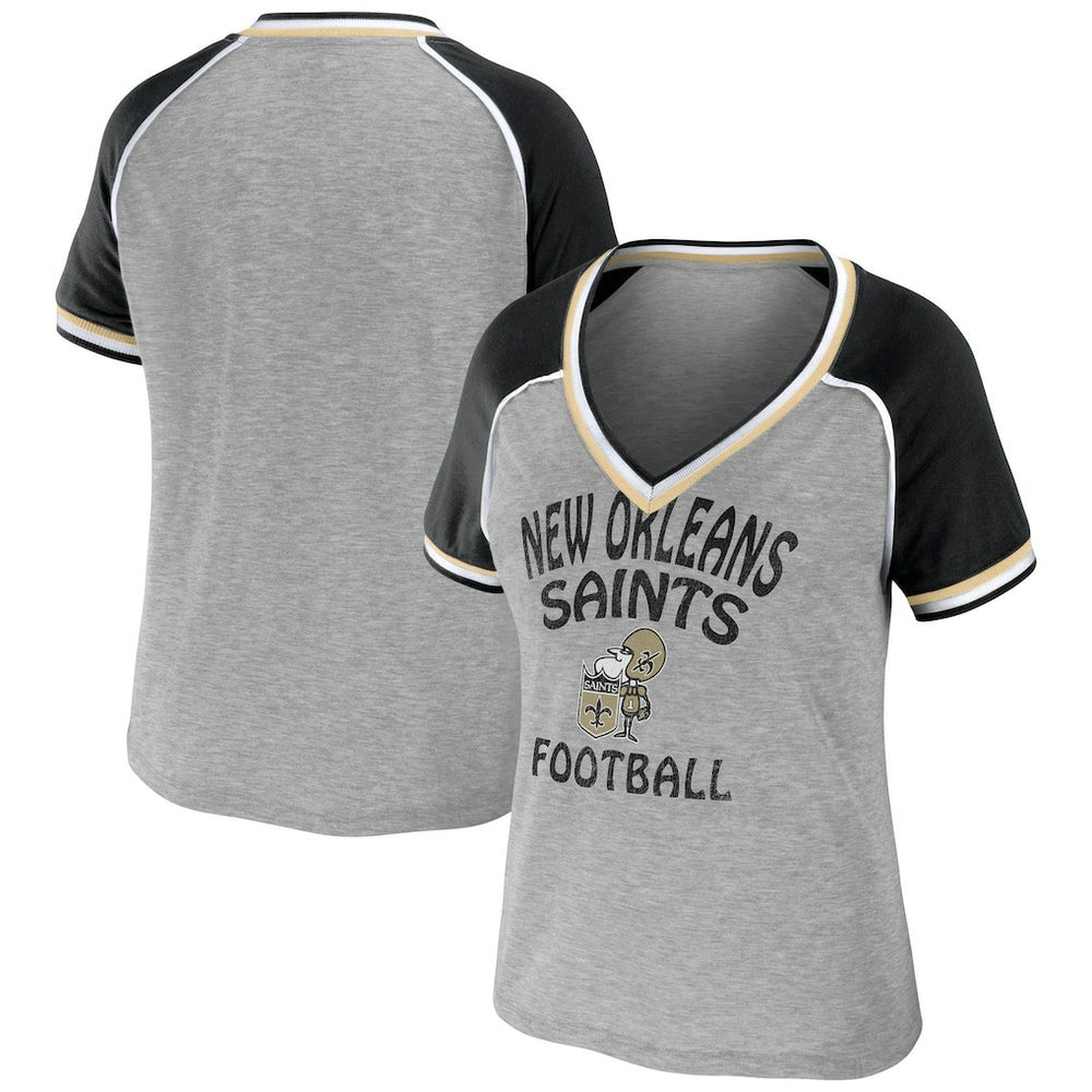 New Orleans Saints WEAR by Erin Andrews Women's Cropped Raglan Throwback V-Neck T-Shirt Heather Gray