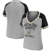 New Orleans Saints WEAR by Erin Andrews Women's Cropped Raglan Throwback V-Neck T-Shirt Heather Gray