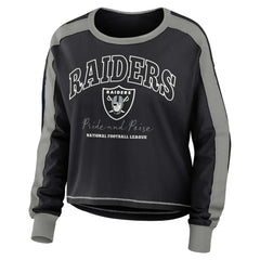 Las Vegas Raiders WEAR by Erin Andrews Women's Color Block Modest Crop Long Sleeve T-Shirt Black/Silver