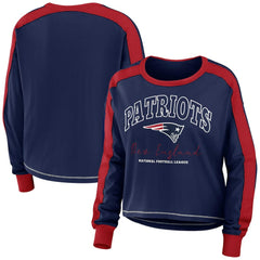 New England Patriots WEAR by Erin Andrews Women's Color Block Modest Crop Long Sleeve T-Shirt Navy/Red