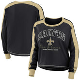 New Orleans Saints WEAR by Erin Andrews Women's Color Block Modest Crop Long Sleeve T-Shirt Black/Gold