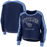 Tennessee Titans WEAR by Erin Andrews Women's Color Block Modest Crop Long Sleeve T-Shirt Navy/Light Blue