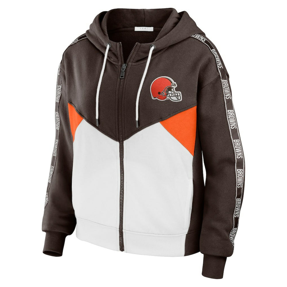 Cleveland Browns WEAR by Erin Andrews Women's Color Block Light Weight Modest Crop Full-Zip Hoodie Brown/White