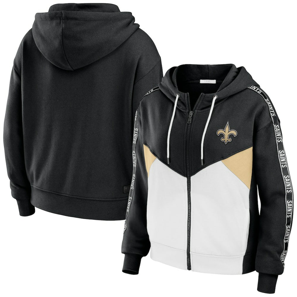 New Orleans Saints WEAR by Erin Andrews Women's Color Block Light Weight Modest Crop Full-Zip Hoodie Black/White