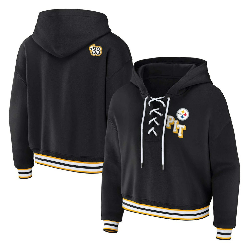 Pittsburgh Steelers WEAR by Erin Andrews Women's Plus Size Lace-Up Pullover Hoodie Black