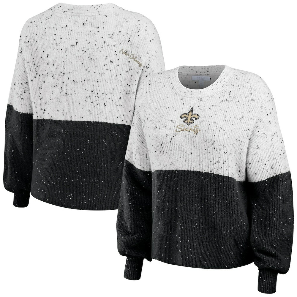 New Orleans Saints WEAR by Erin Andrews Women's Lighweight Modest Crop Color-Block Pullover Sweater White/Black