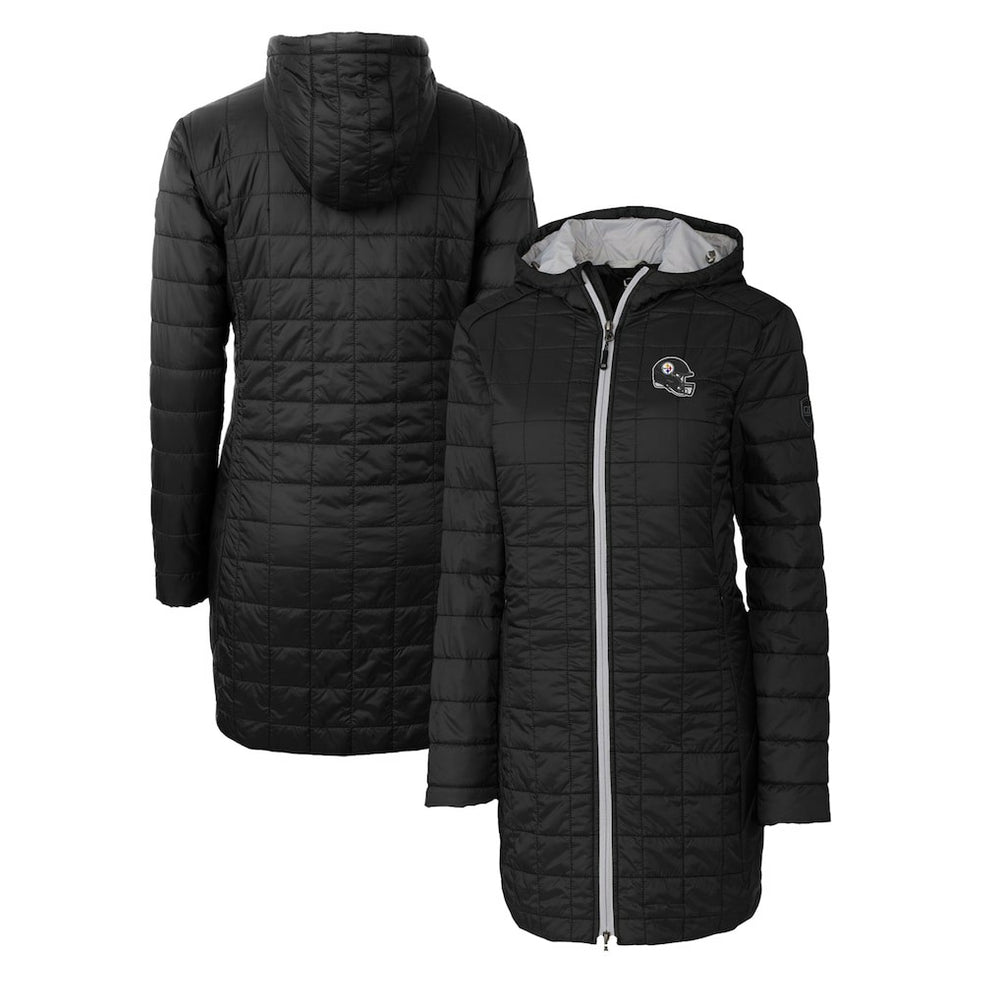 Pittsburgh Steelers Cutter & Buck Women's Helmet Logo Rainier Primaloft Eco Insulated Hooded Long Coat Black