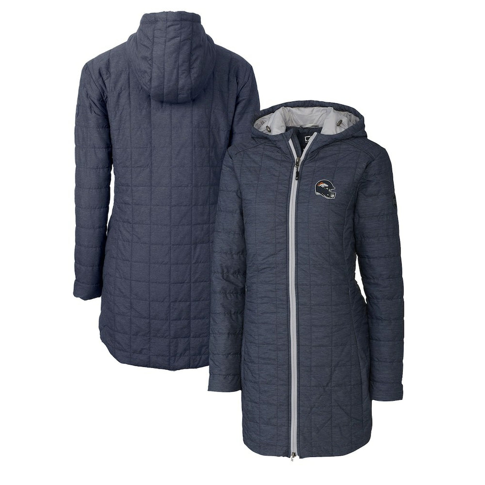 Denver Broncos Cutter & Buck Women's Helmet Logo Rainier Primaloft Eco Insulated Hooded Long Coat Heather Navy