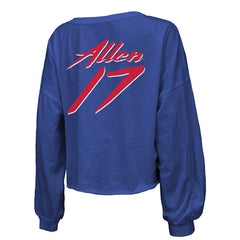 Josh Allen Buffalo Bills Majestic Threads Women's Name & Number Off-Shoulder Script Cropped Long Sleeve Relaxed V-Neck T-Shirt Royal