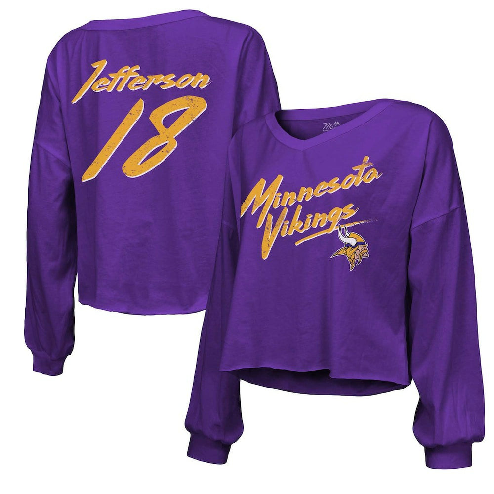 Justin Jefferson Minnesota Vikings Majestic Threads Women's Name & Number Off-Shoulder Script Cropped Long Sleeve V-Neck T-Shirt Purple