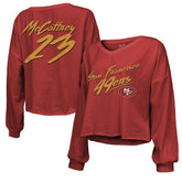 Christian McCaffrey San Francisco 49ers Majestic Threads Women's Name & Number Off-Shoulder Script Cropped Long Sleeve V-Neck T-Shirt Scarlet