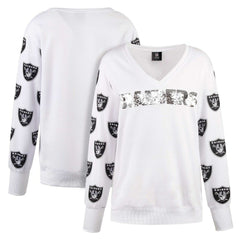 Las Vegas Raiders Cuce Women's Sequin Fleece V-Neck T-Shirt White