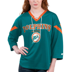 Miami Dolphins Starter Women's Rally Lace-Up 3/4 Sleeve T-Shirt Aqua