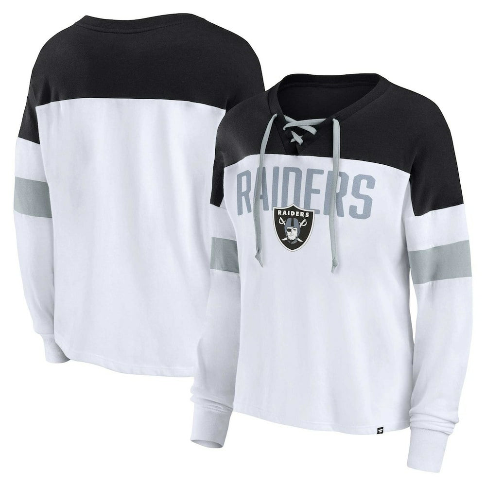 Fanatics Las Vegas Raiders Women's Plus Size Even Match Lace-Up Long Sleeve V-Neck Top White/Black