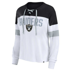 Fanatics Las Vegas Raiders Women's Plus Size Even Match Lace-Up Long Sleeve V-Neck Top White/Black