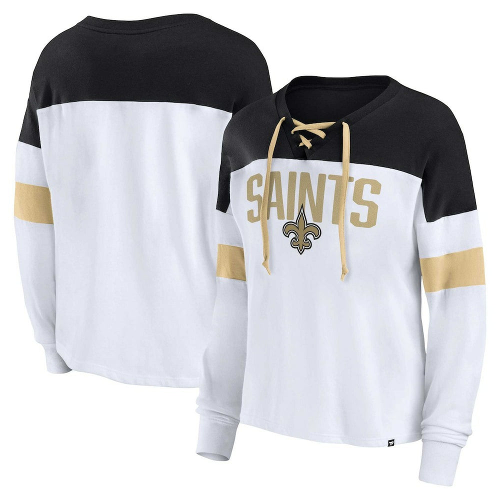 Fanatics New Orleans Saints Women's Plus Size Even Match Lace-Up Long Sleeve V-Neck Top White/Black