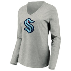 Seattle Kraken Women's Primary Logo V-Neck Long Sleeve T-Shirt - Gray - NHL 200131666