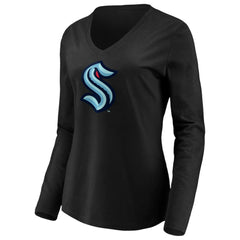 Seattle Kraken Women's Primary Logo V-Neck Long Sleeve T-Shirt - Black - NHL 200131914
