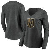 Vegas Golden Knights Women's Primary Logo V-Neck Long Sleeve T-Shirt - Charcoal - NHL 200131919