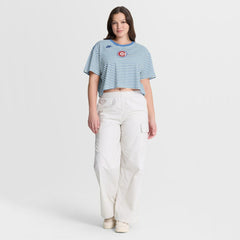 Chicago Cubs Nike Women's Cooperstown Collection Striped Cropped T-Shirt - Light Blue/Cream - Nike Sale