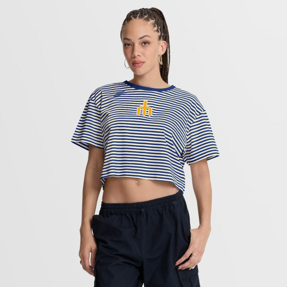 Seattle Mariners Nike Women's Cooperstown Collection Striped Cropped T-Shirt - Royal/Cream - Nike Discount