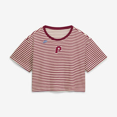 Philadelphia Phillies Nike Women's Cooperstown Collection Striped Cropped T-Shirt - Burgundy/Cream - Nike Lifestyle