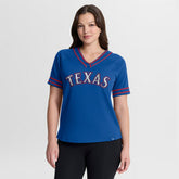 Texas Rangers Fanatics Women's Diva Race Ahead Raglan V-Neck T-Shirt - Royal - Fanatics Sale
