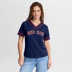 Boston Red Sox Fanatics Women's Diva Race Ahead Raglan V-Neck T-Shirt - Navy - Fanatics Discount