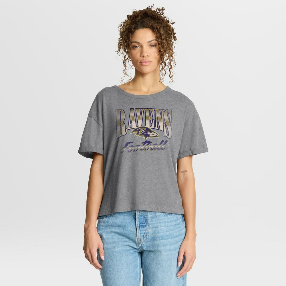 Fanatics Baltimore Ravens Women's Overplayed Tribute Tri-Blend Boxy T-Shirt Heather Gray