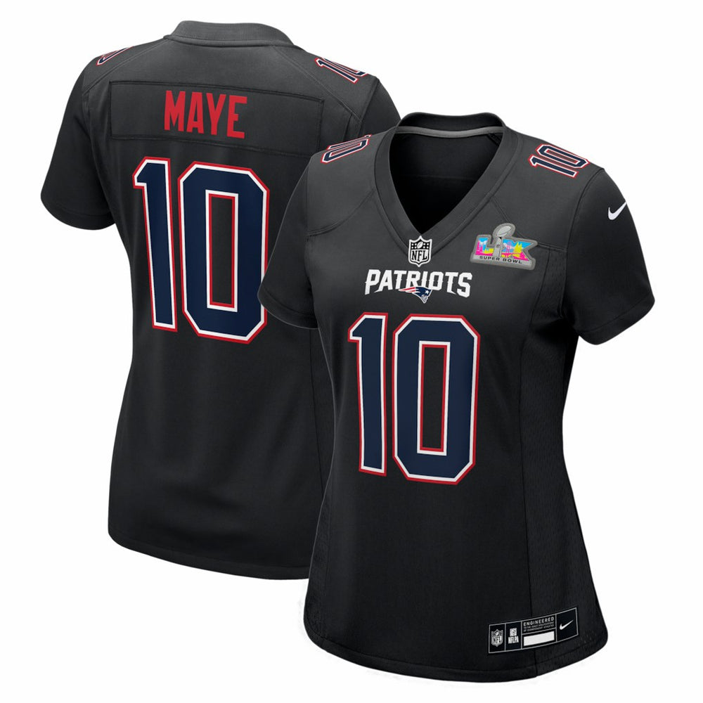Nike Drake Maye New England Patriots Women's Super Bowl LX Patch Carbon Fashion Game Jersey Black