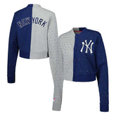New York Yankees Terez Women's Cropped Button-Up Cardigan - Gray/Navy - MLB Lifestyle