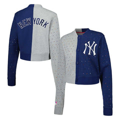New York Yankees Terez Women's Cropped Button-Up Cardigan - Gray/Navy - MLB Lifestyle