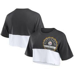 Fanatics Pittsburgh Steelers Women's Boxy Color Split Cropped T-Shirt Black/White